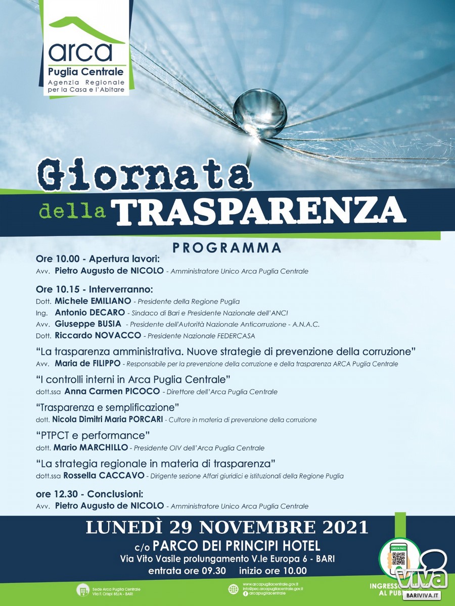 L'Arca Puglia Centrale organizza la Giornata della Trasparenza