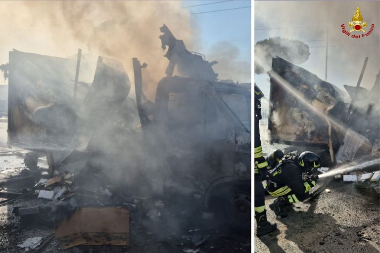 Furgone per il trasporto di farmaci in fiamme